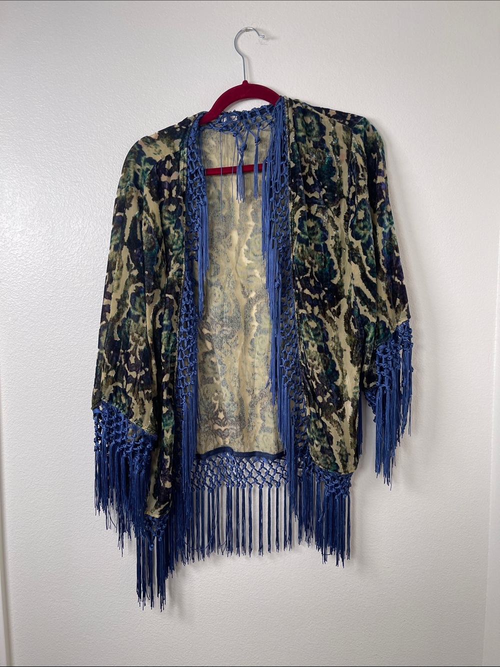 Urban Outfitters Blue & Green Fringe Open-Front Kimono